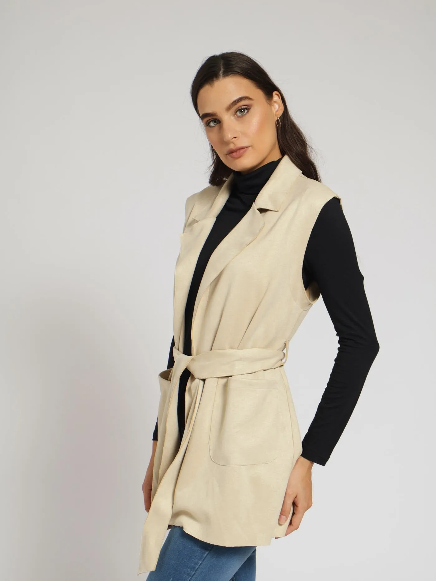 Belted Suede Collared Gilet Jacket - Stone