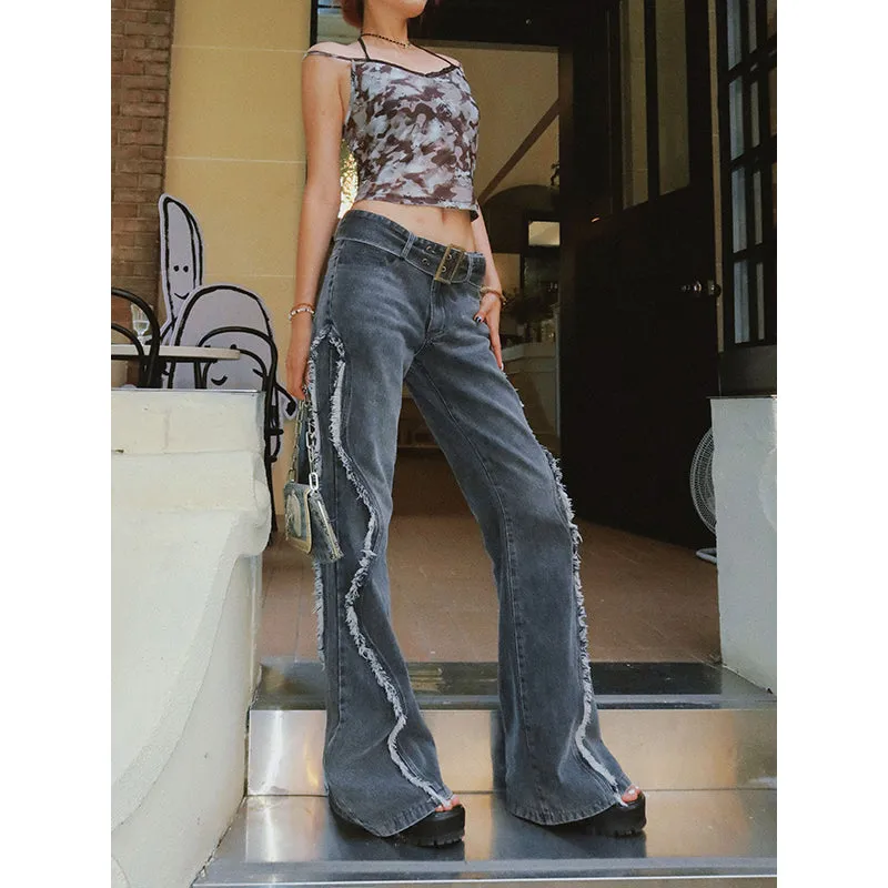 Benet Denim Retro Low-Rise Patchwork Frayed Micro Flare Jeans Pants