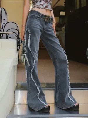 Benet Denim Retro Low-Rise Patchwork Frayed Micro Flare Jeans Pants