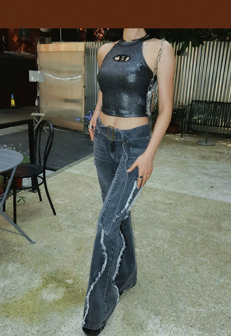 Benet Denim Retro Low-Rise Patchwork Frayed Micro Flare Jeans Pants