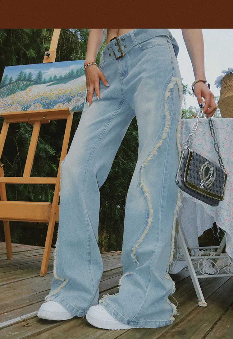 Benet Denim Retro Low-Rise Patchwork Frayed Micro Flare Jeans Pants