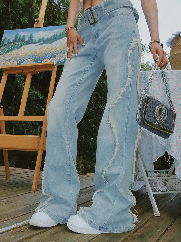 Benet Denim Retro Low-Rise Patchwork Frayed Micro Flare Jeans Pants