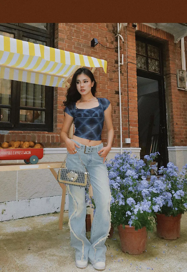 Benet Denim Retro Low-Rise Patchwork Frayed Micro Flare Jeans Pants