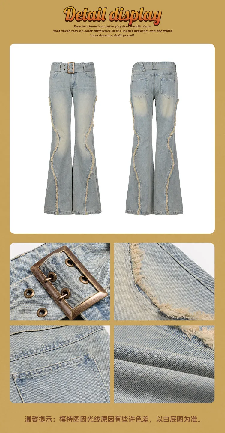 Benet Denim Retro Low-Rise Patchwork Frayed Micro Flare Jeans Pants