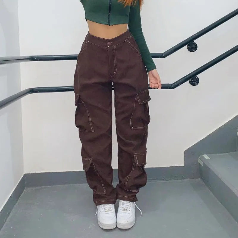 BerryBetty - Women Spring Fashion Vintage Brown High Waist Cargo Pants Women Fashion Big Pockets Y2k Patchwork Baggy Jeans Women Harajuku Trousers Streetwear