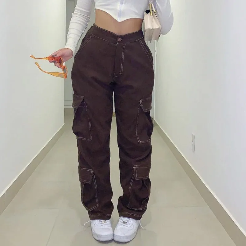 BerryBetty - Women Spring Fashion Vintage Brown High Waist Cargo Pants Women Fashion Big Pockets Y2k Patchwork Baggy Jeans Women Harajuku Trousers Streetwear