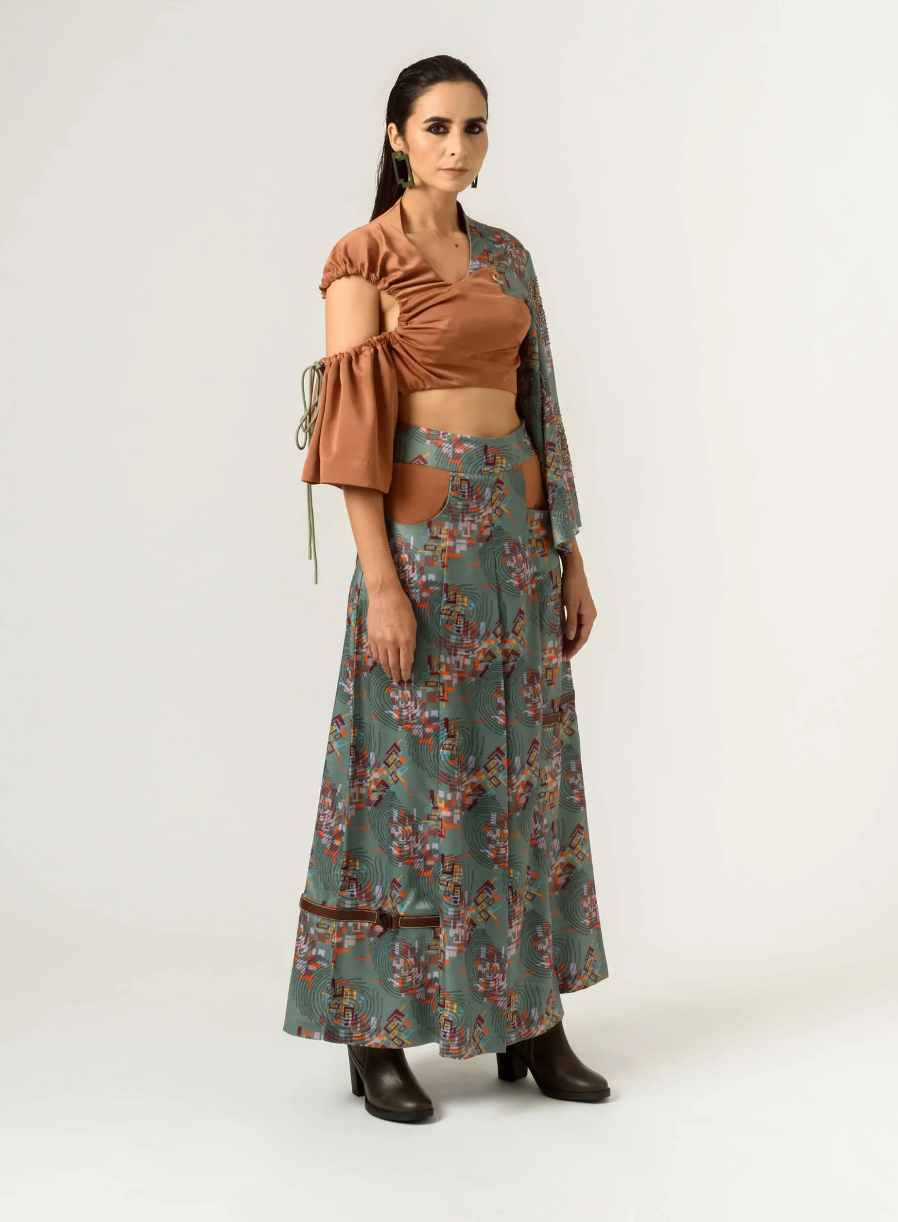 Binary print flared trousers