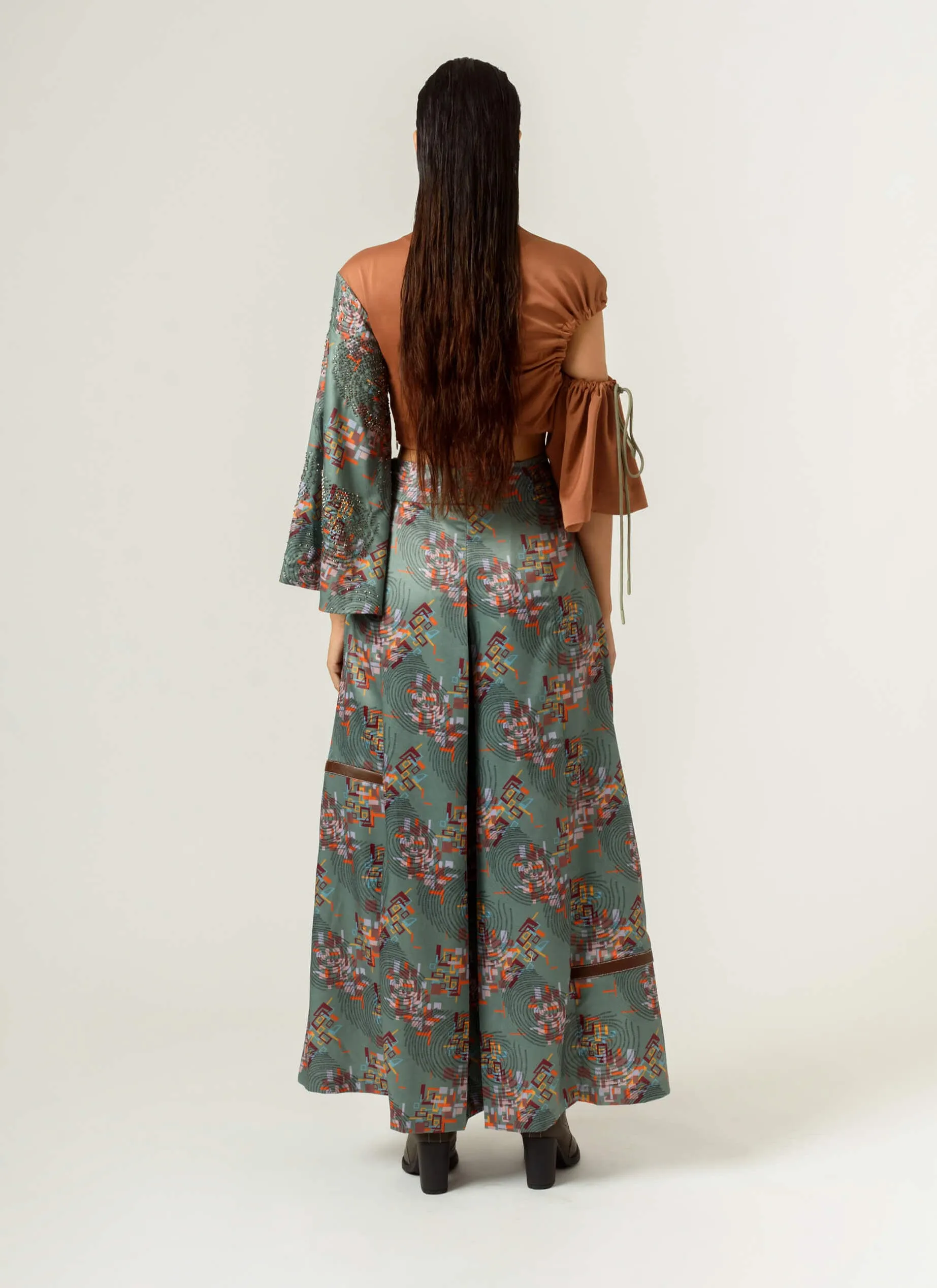 Binary print flared trousers