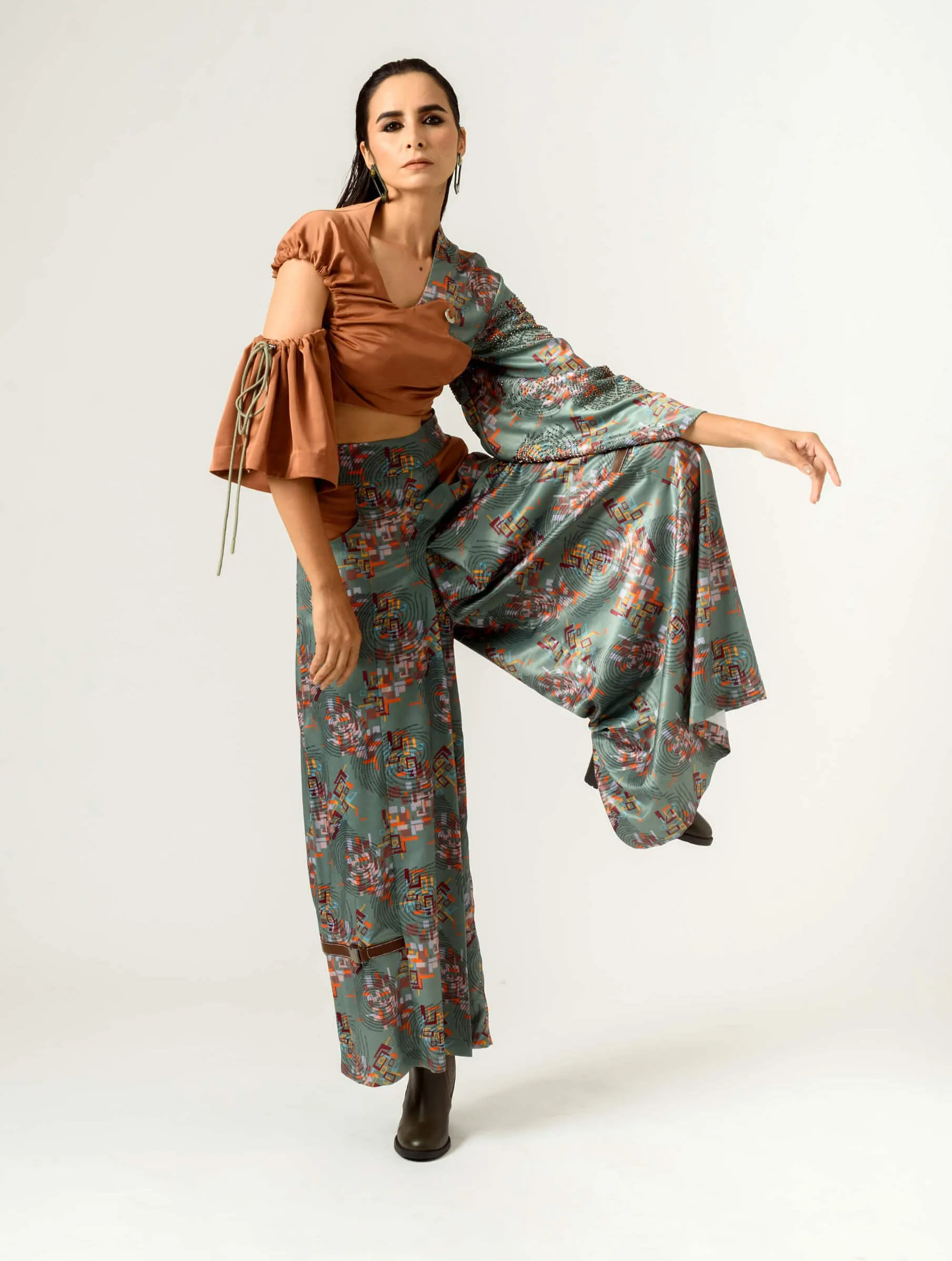 Binary print flared trousers