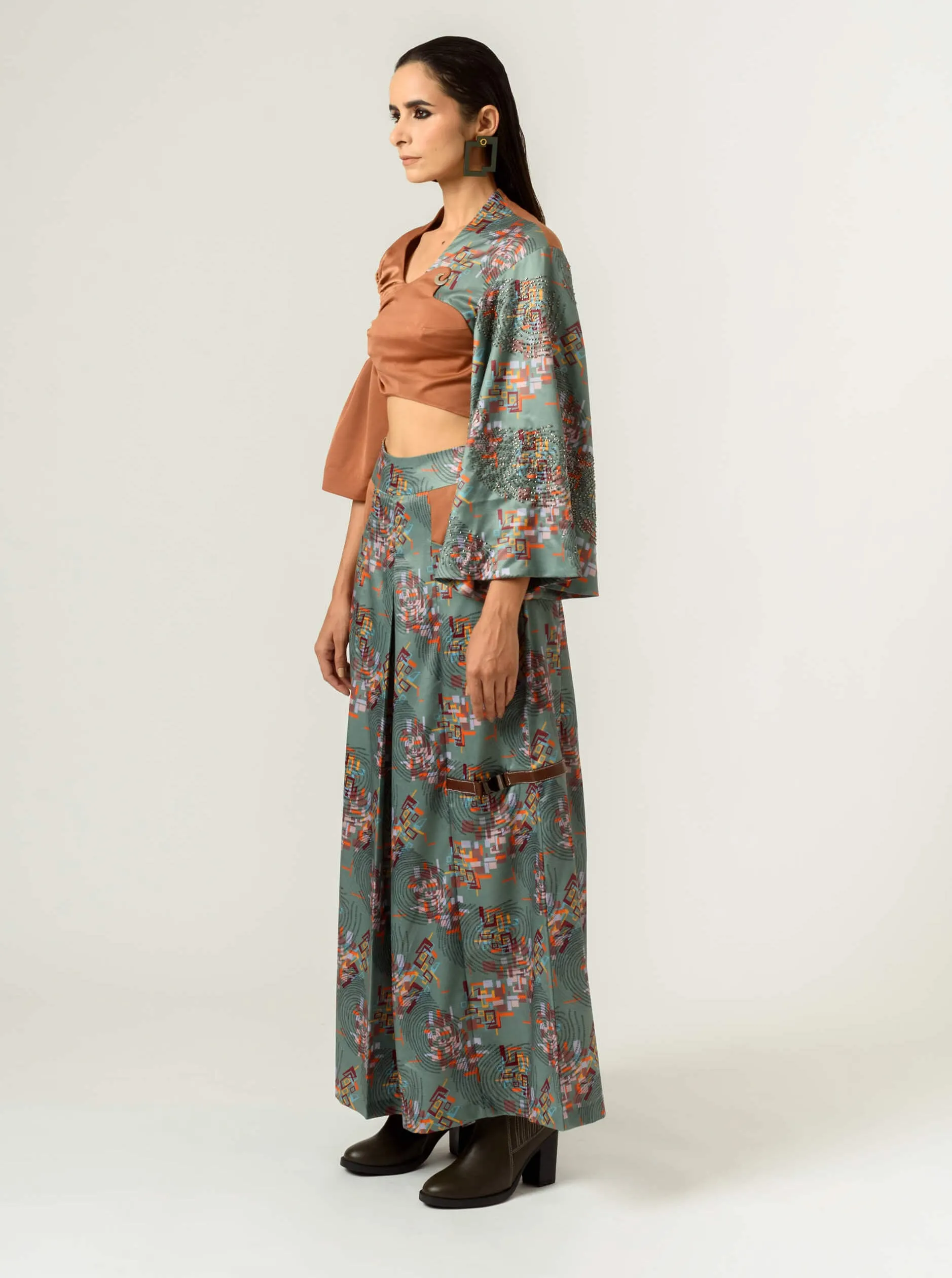 Binary print flared trousers