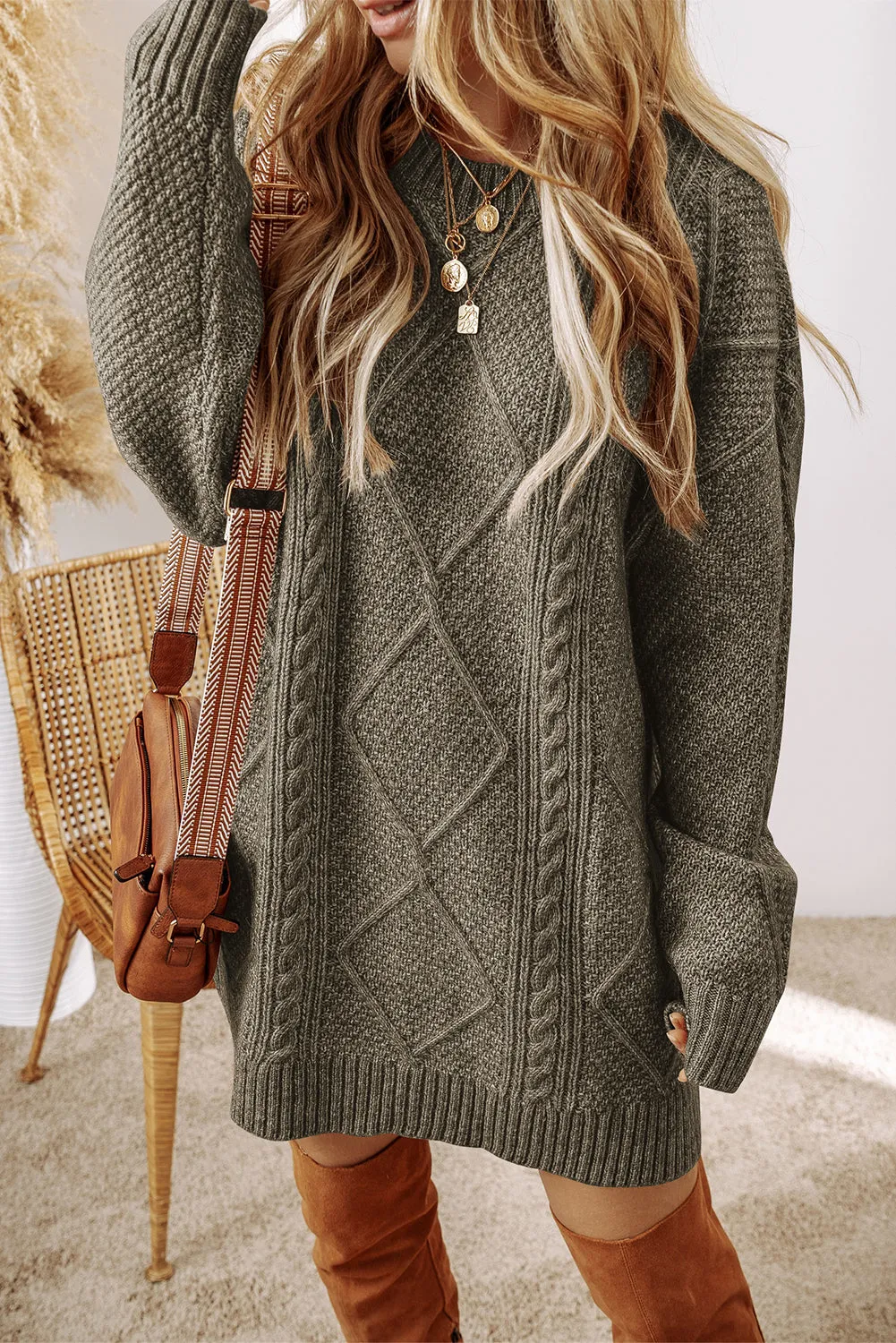 Black Cable Knit Drop Shoulder Loose Fit Sweater Dress