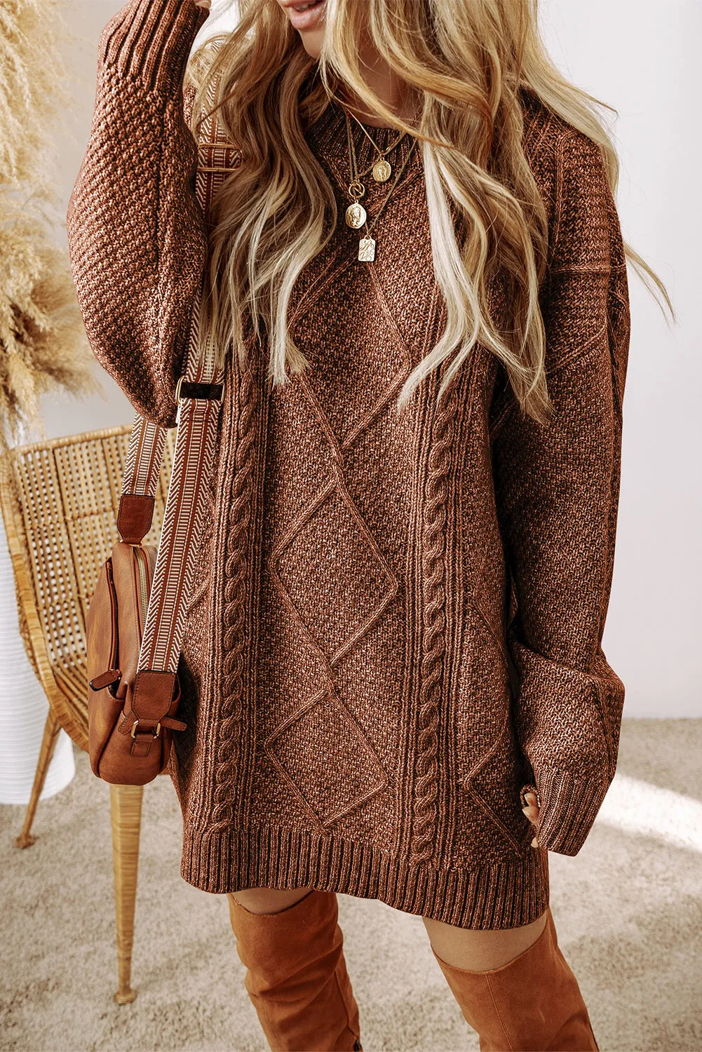 Black Cable Knit Drop Shoulder Loose Fit Sweater Dress