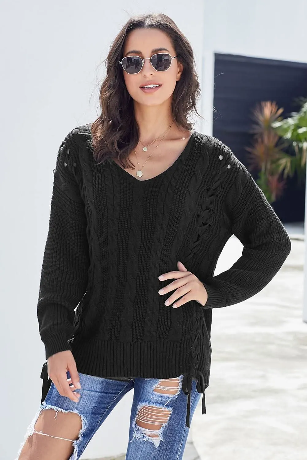 Black Love Letters Lace Up Cable Knit Sweater
