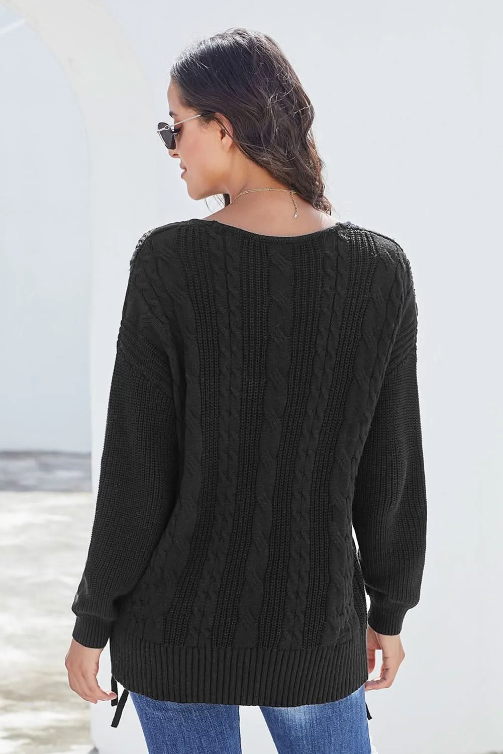 Black Love Letters Lace Up Cable Knit Sweater