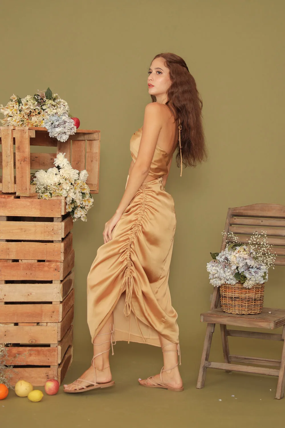 BLANCHE SET Halter Multiway Top with Asymmetric Tie Skirt (Bronze SC Silk)