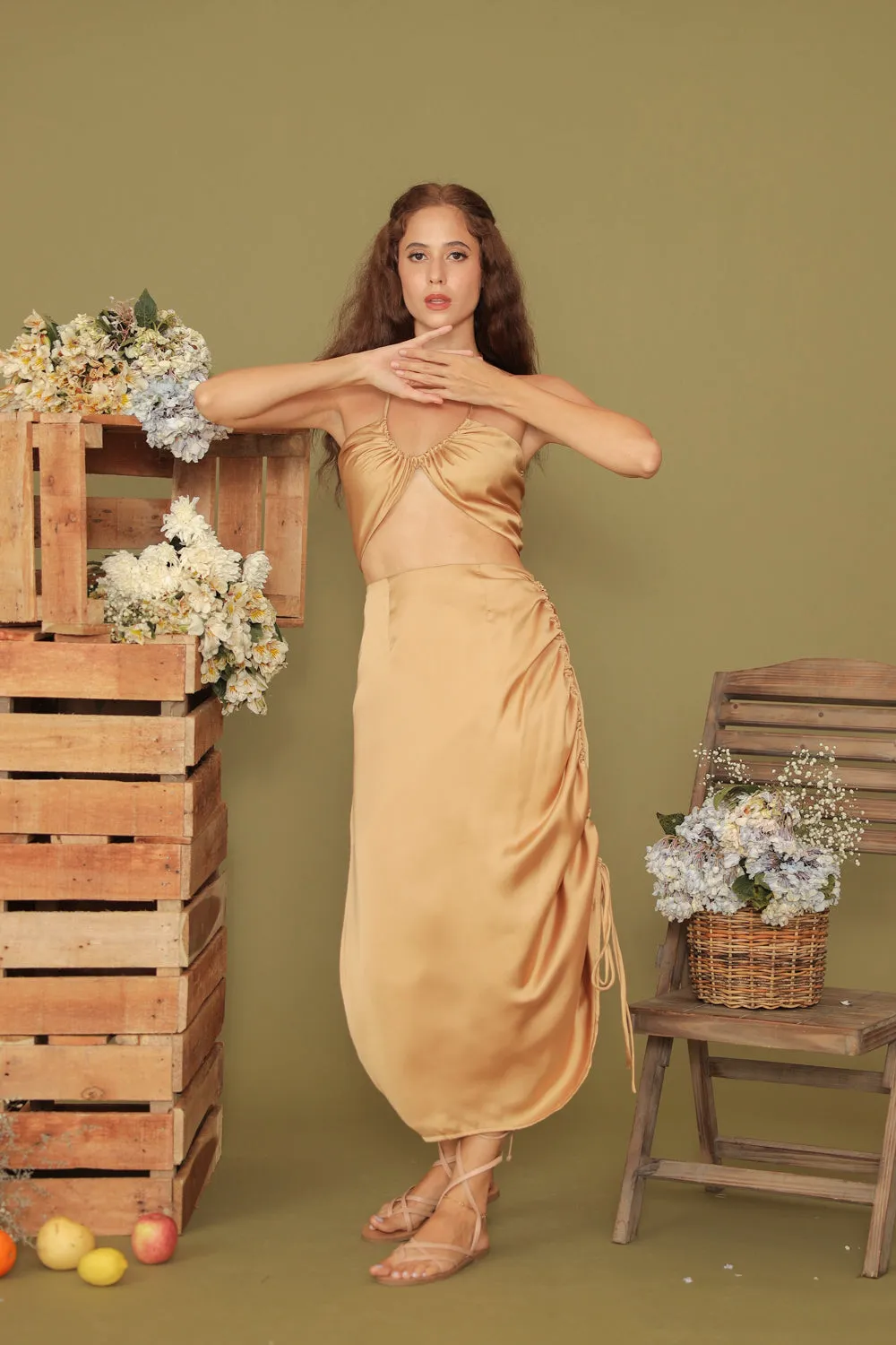 BLANCHE SET Halter Multiway Top with Asymmetric Tie Skirt (Bronze SC Silk)