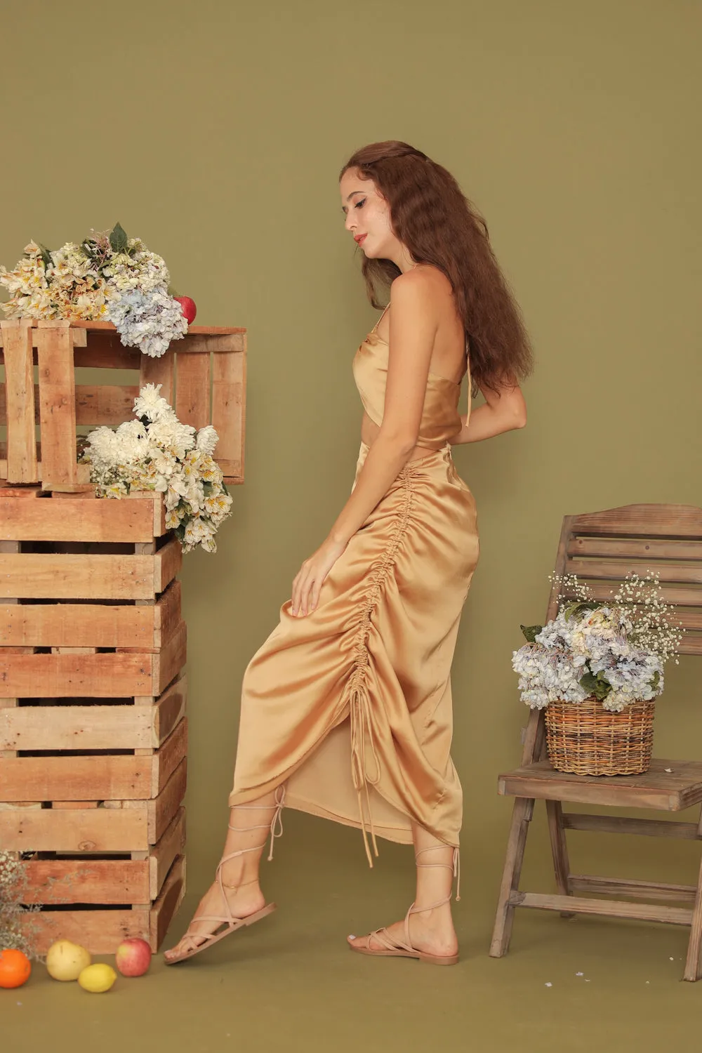 BLANCHE SET Halter Multiway Top with Asymmetric Tie Skirt (Bronze SC Silk)