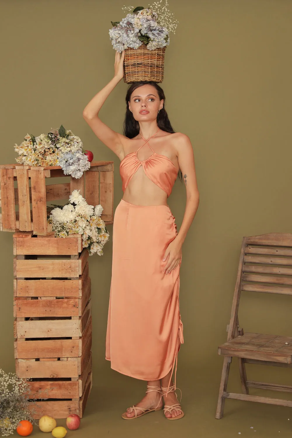 BLANCHE SET Halter Multiway Top with Asymmetric Tie Skirt (Copper SC Silk)