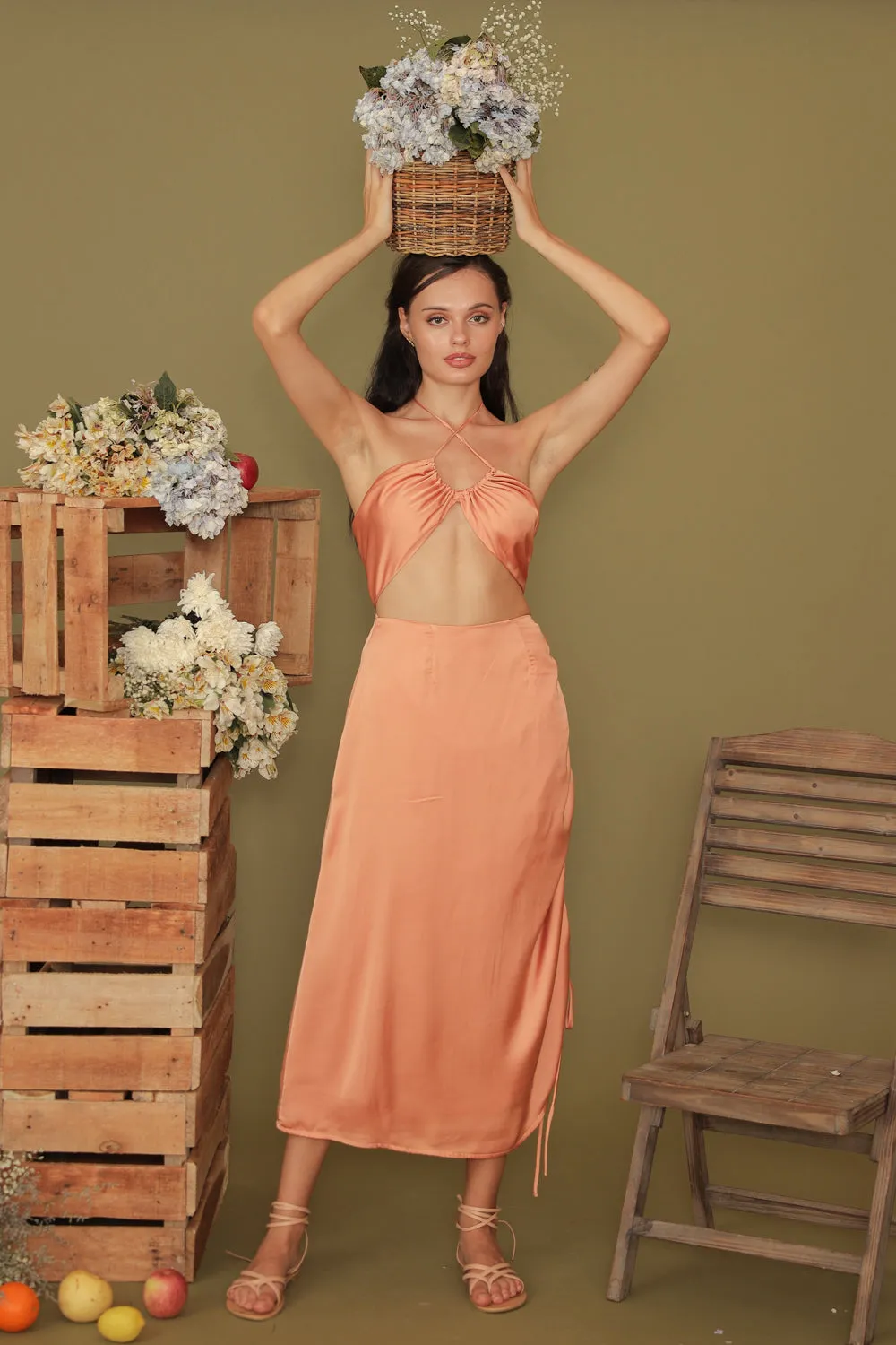 BLANCHE SET Halter Multiway Top with Asymmetric Tie Skirt (Copper SC Silk)