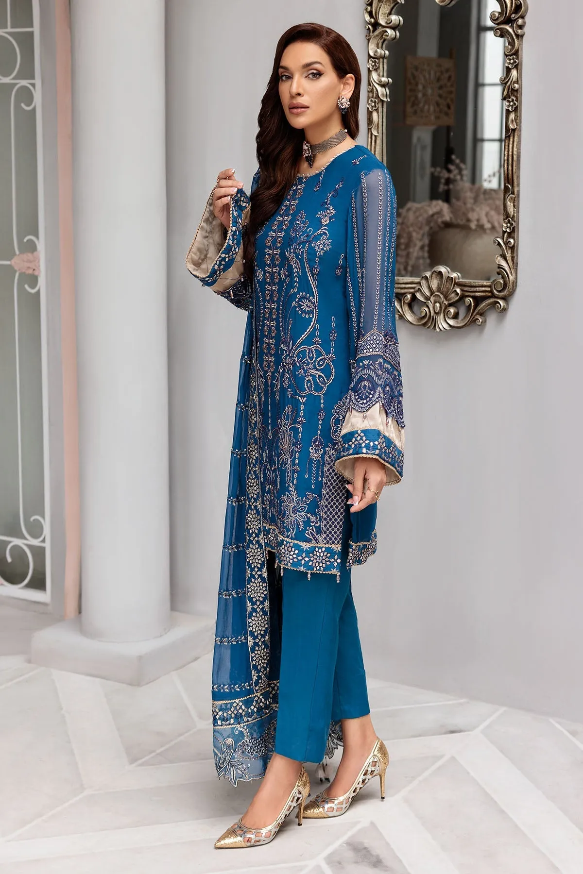 Blue Pakistani Salwar Kameez in Premium Chiffon Fabric