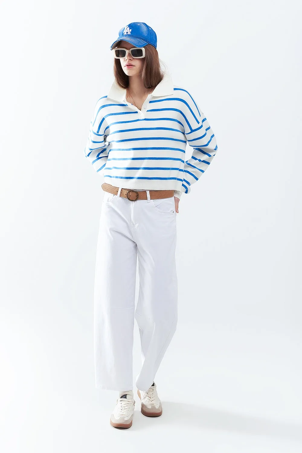 blue striped soft knit polo