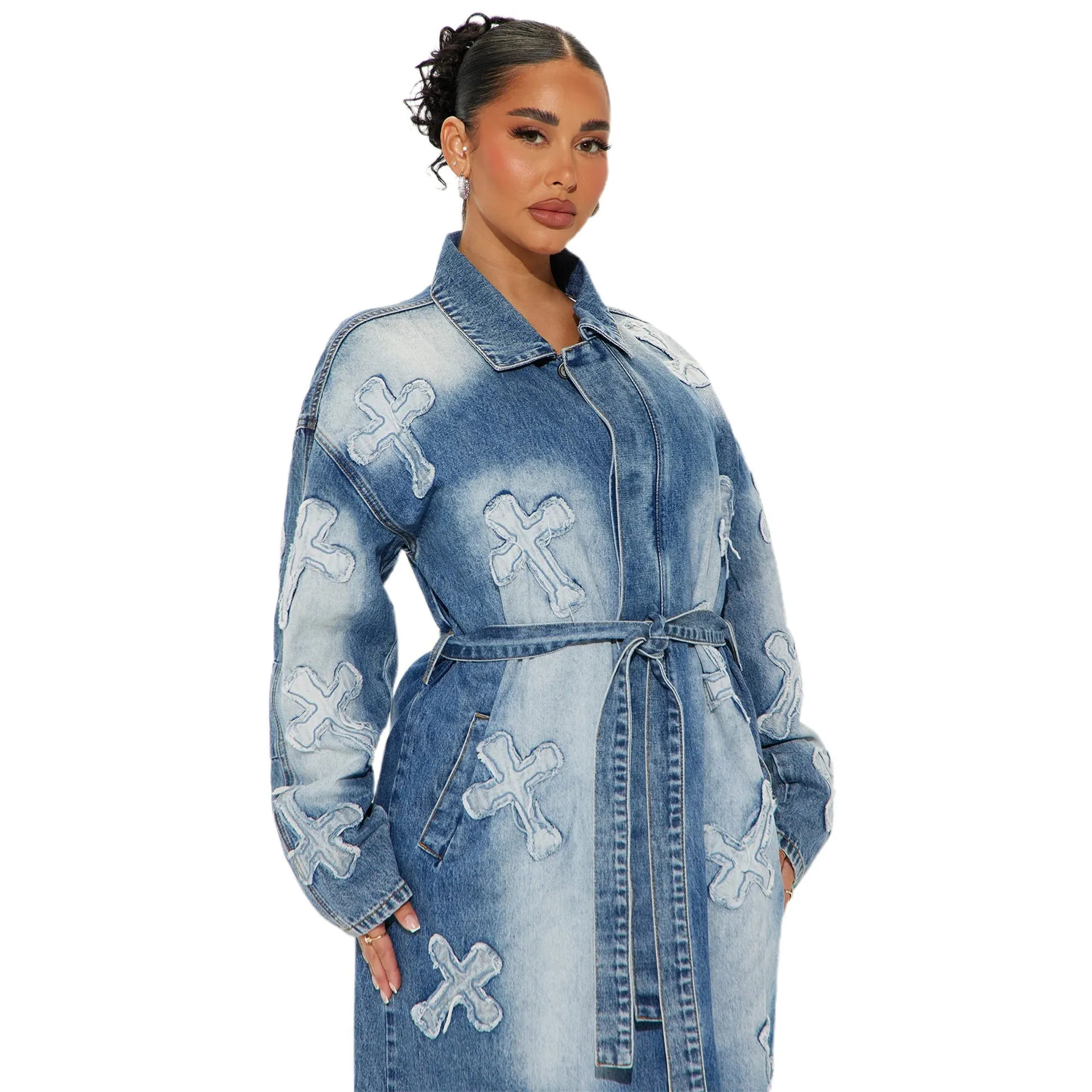 Bold Cross Embroidered Denim Jacket for Effortlessly Edgy Style