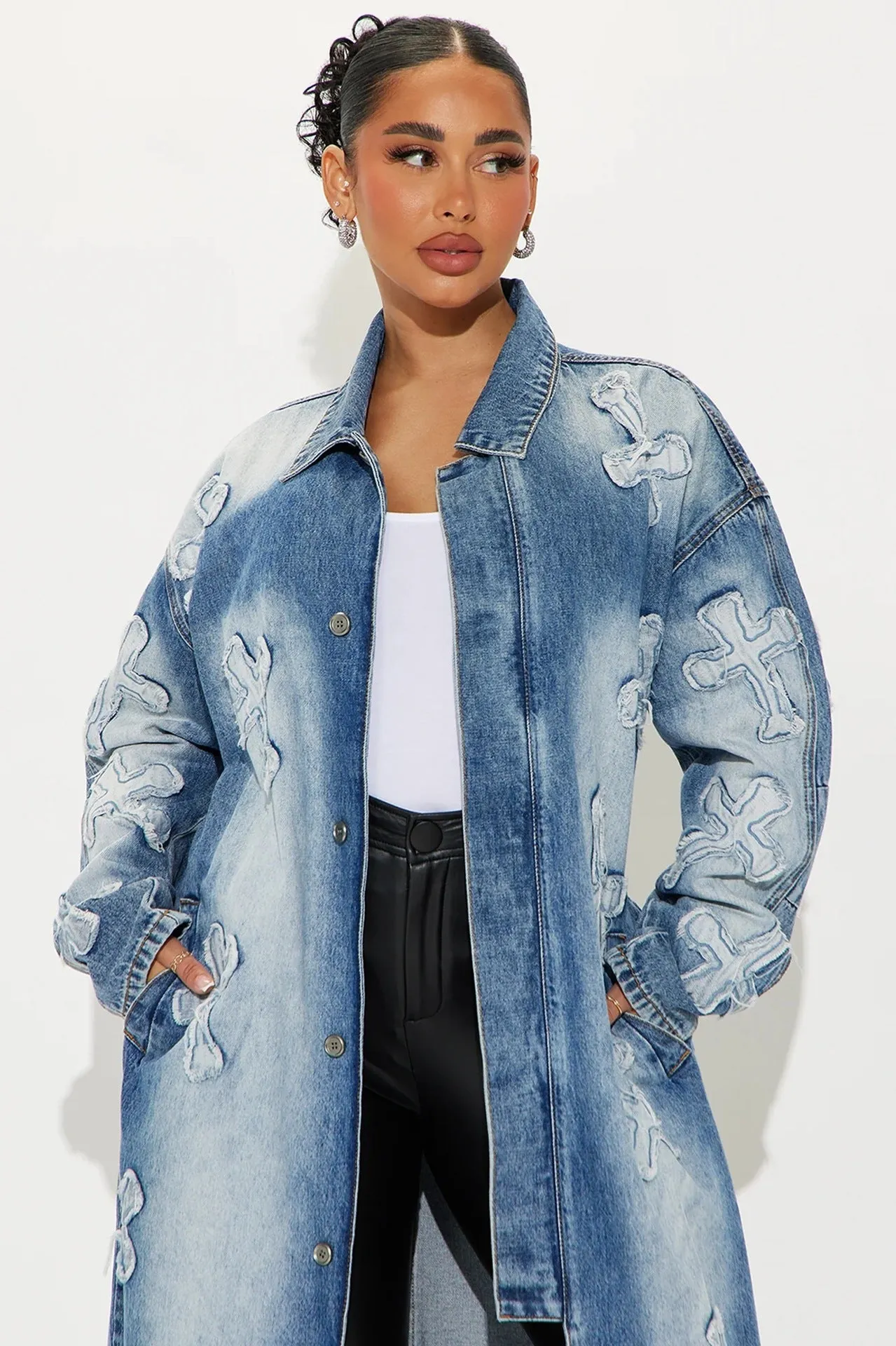 Bold Cross Embroidered Denim Jacket for Effortlessly Edgy Style
