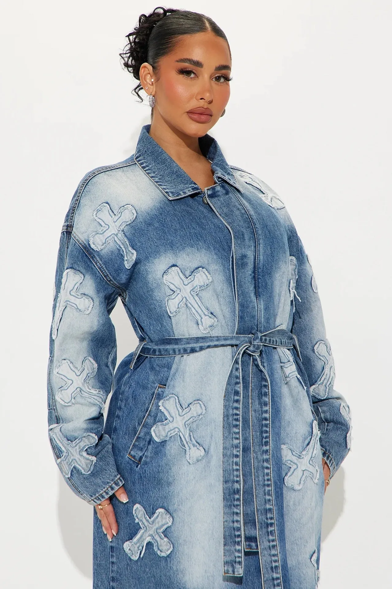 Bold Cross Embroidered Denim Jacket for Effortlessly Edgy Style
