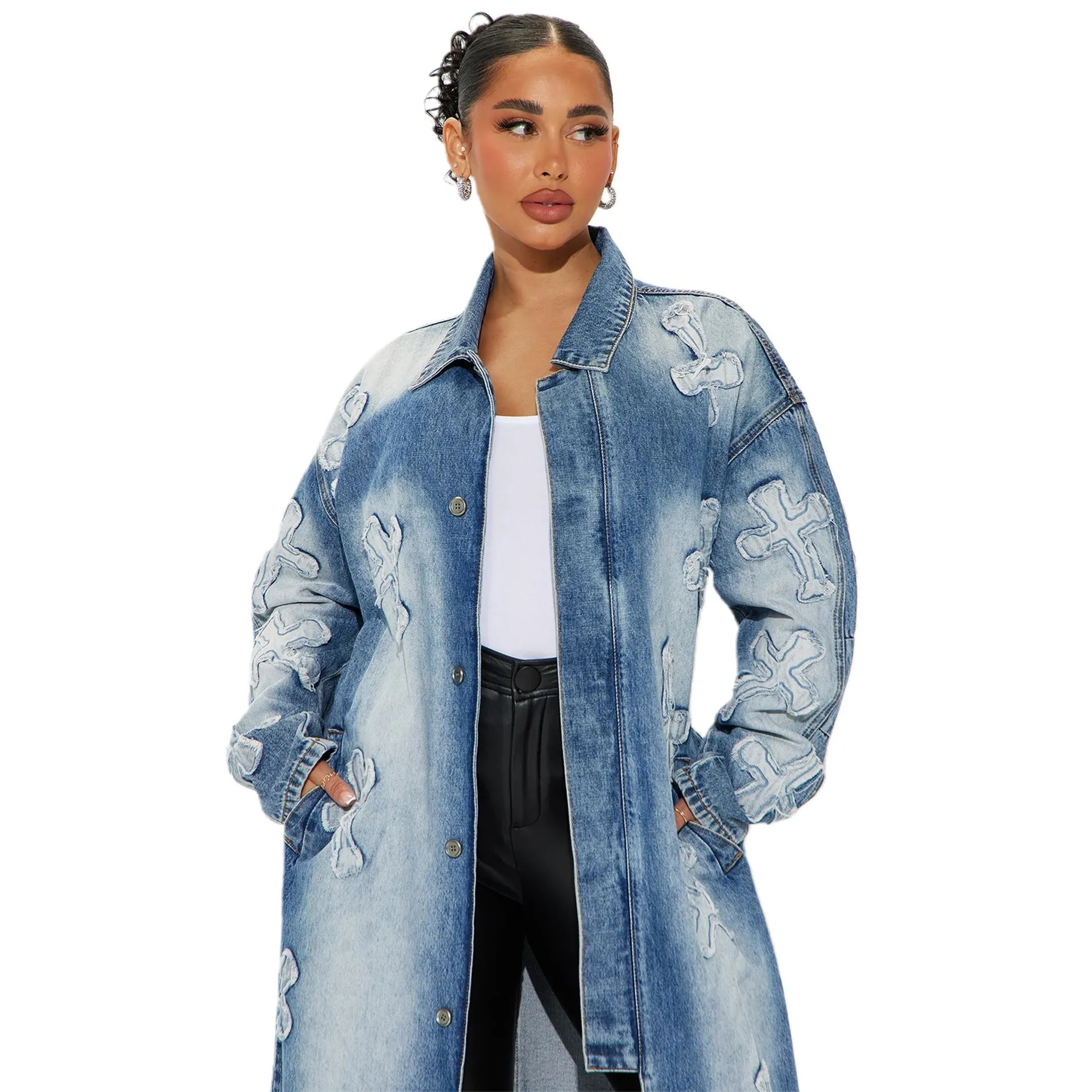 Bold Cross Embroidered Denim Jacket for Effortlessly Edgy Style