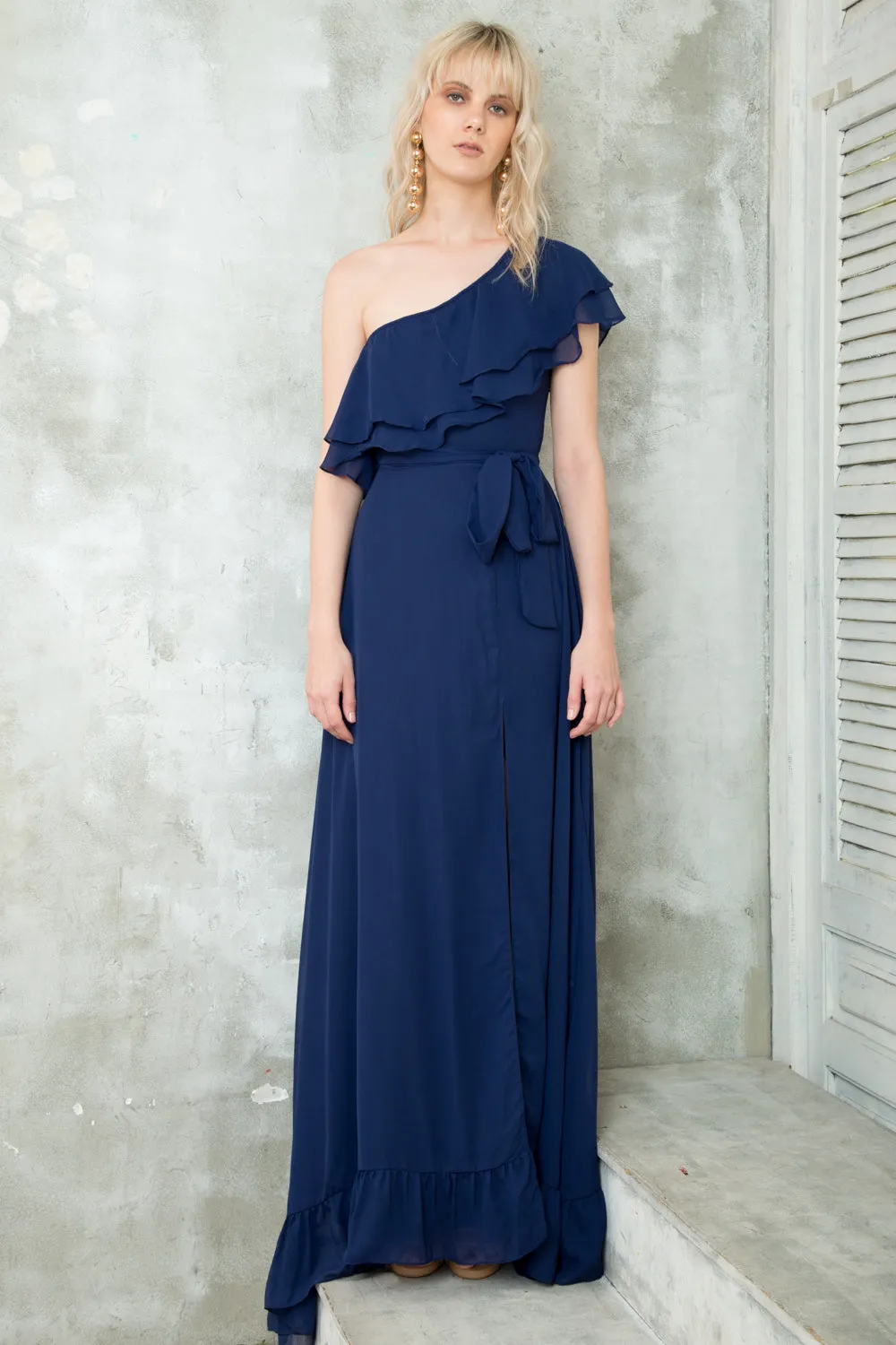 BONITA One Sided Ruffle Maxi Dress with Slit (Midnight Blue)