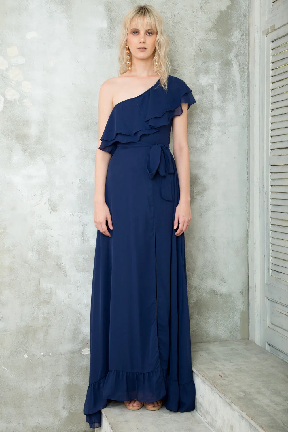 BONITA One Sided Ruffle Maxi Dress with Slit (Midnight Blue)