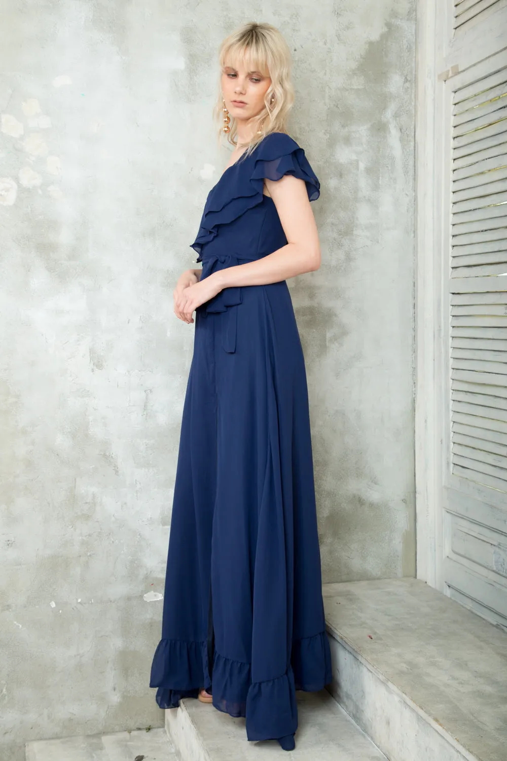 BONITA One Sided Ruffle Maxi Dress with Slit (Midnight Blue)