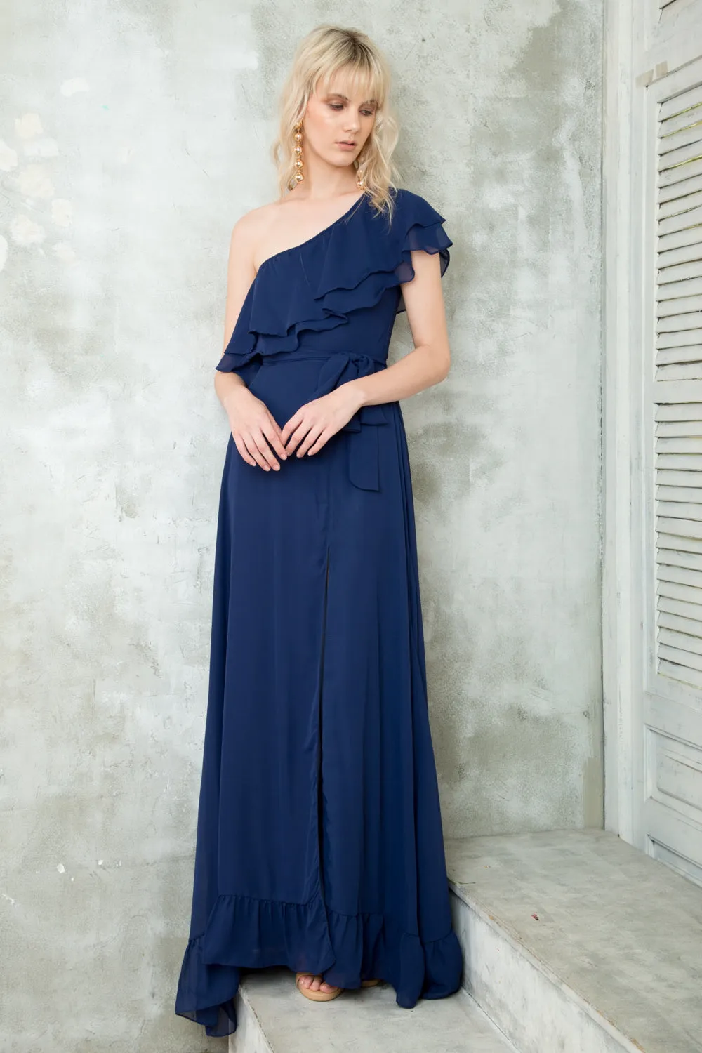 BONITA One Sided Ruffle Maxi Dress with Slit (Midnight Blue)