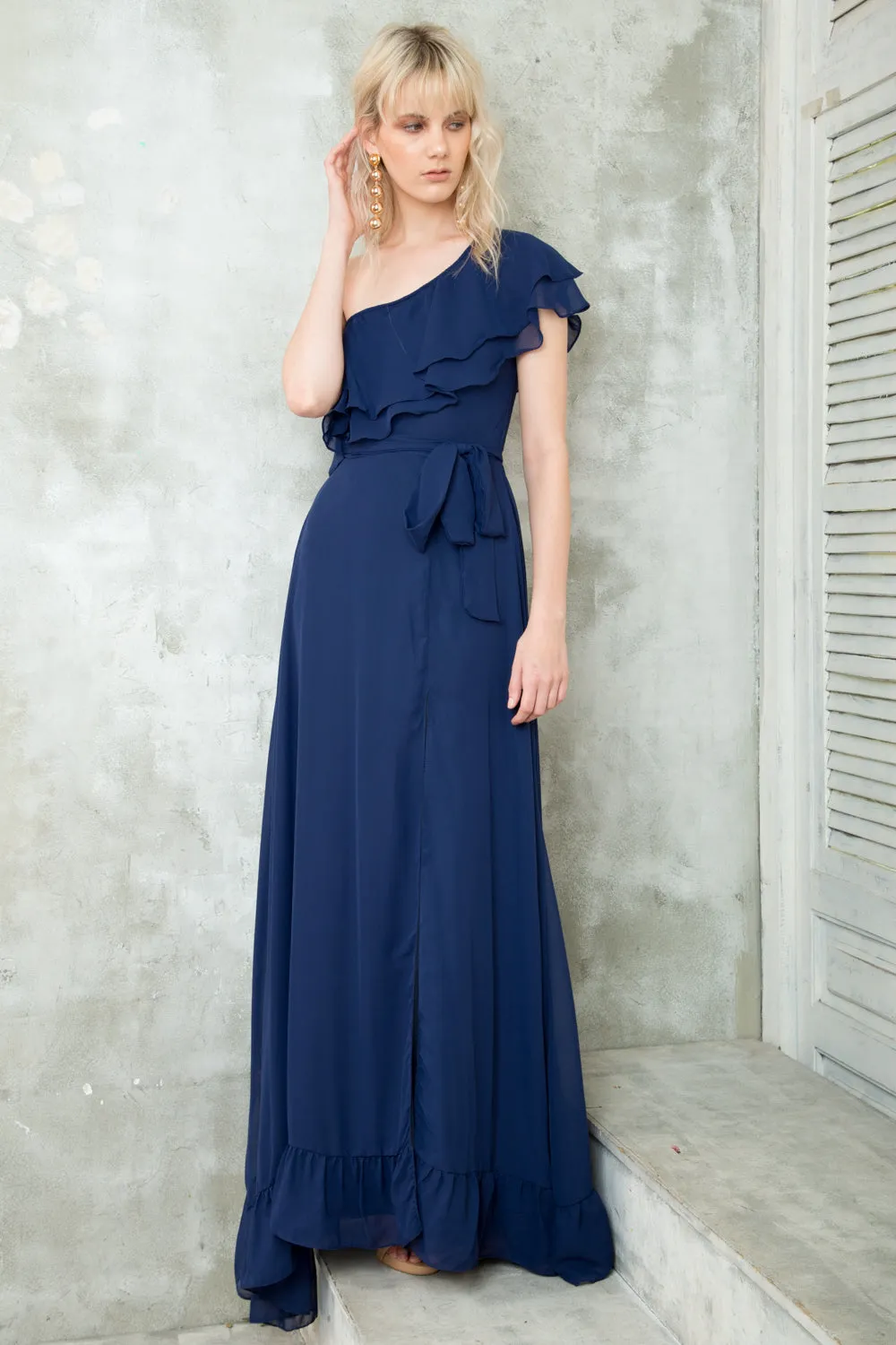 BONITA One Sided Ruffle Maxi Dress with Slit (Midnight Blue)