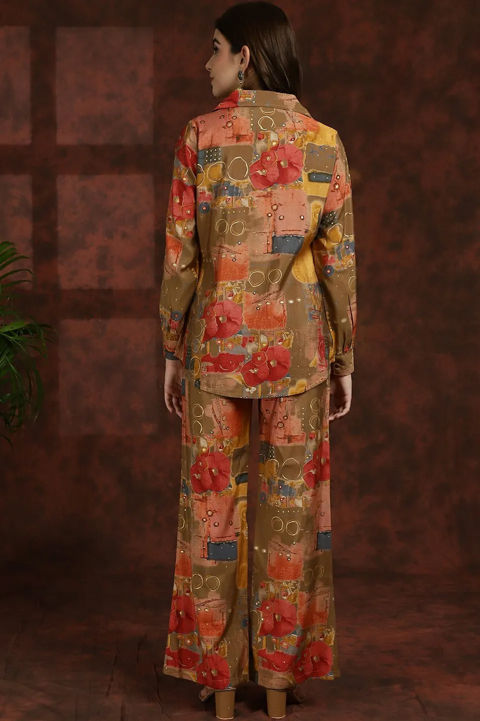 Brown Abstract Printed Premium Chanderi Tunic With Trousers Co-ord Set