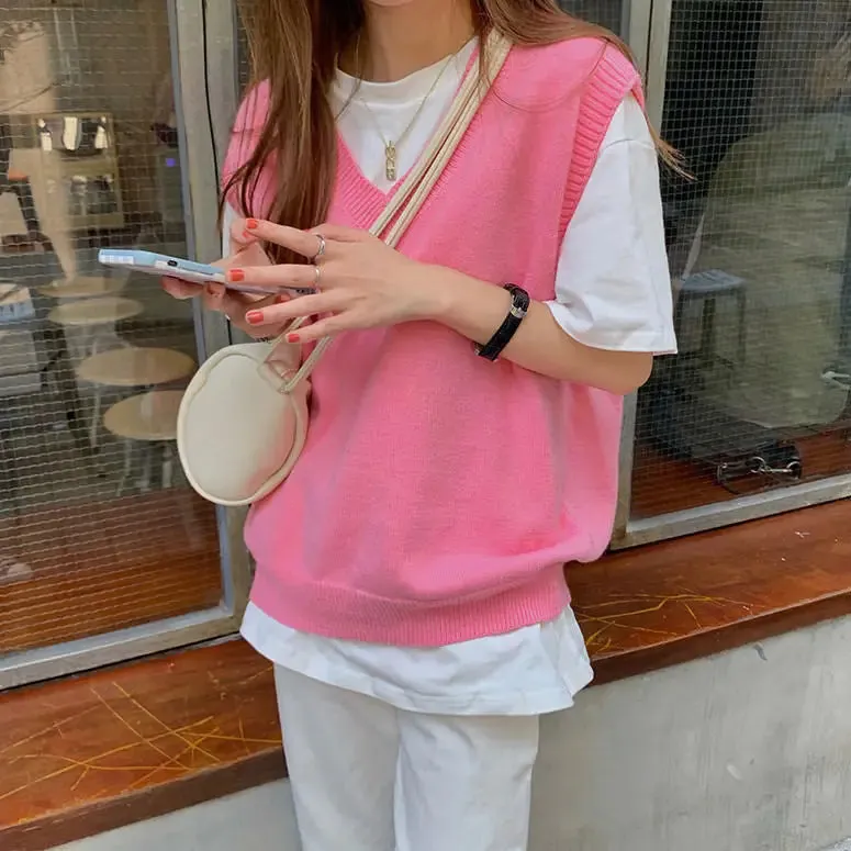 Bubble Gum Pink Vest with Deep V-Neckline and Relaxed Fit