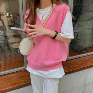 Bubble Gum Pink Vest with Deep V-Neckline and Relaxed Fit