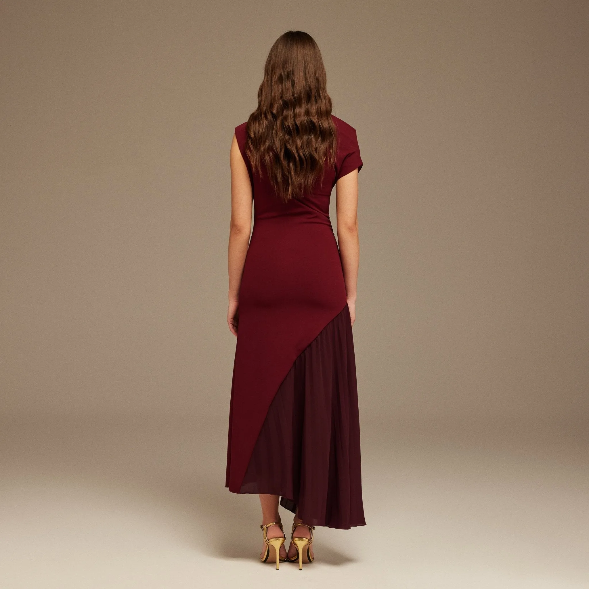 Burgundy Asymmetric Neckline Midi Dress with Pleats