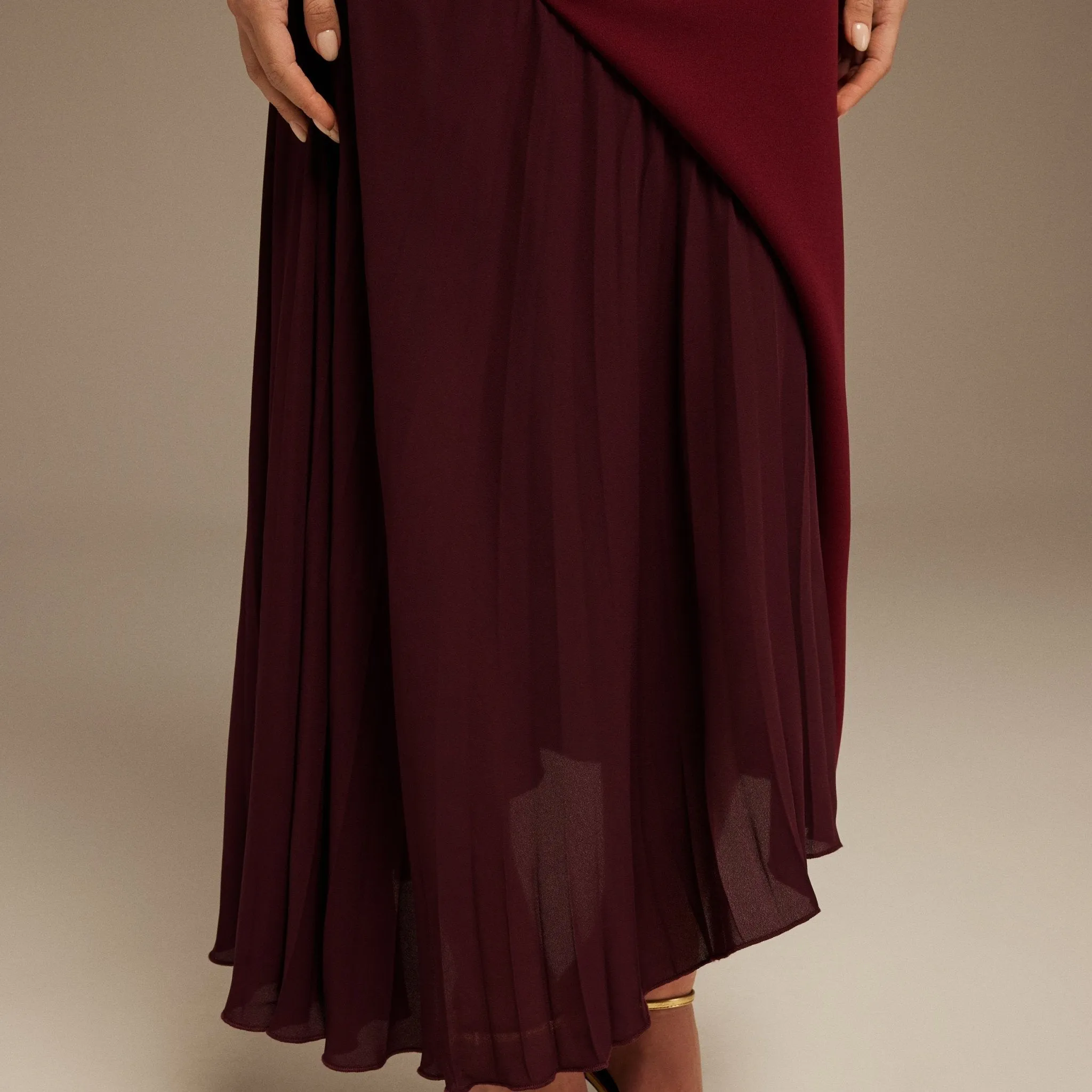 Burgundy Asymmetric Neckline Midi Dress with Pleats