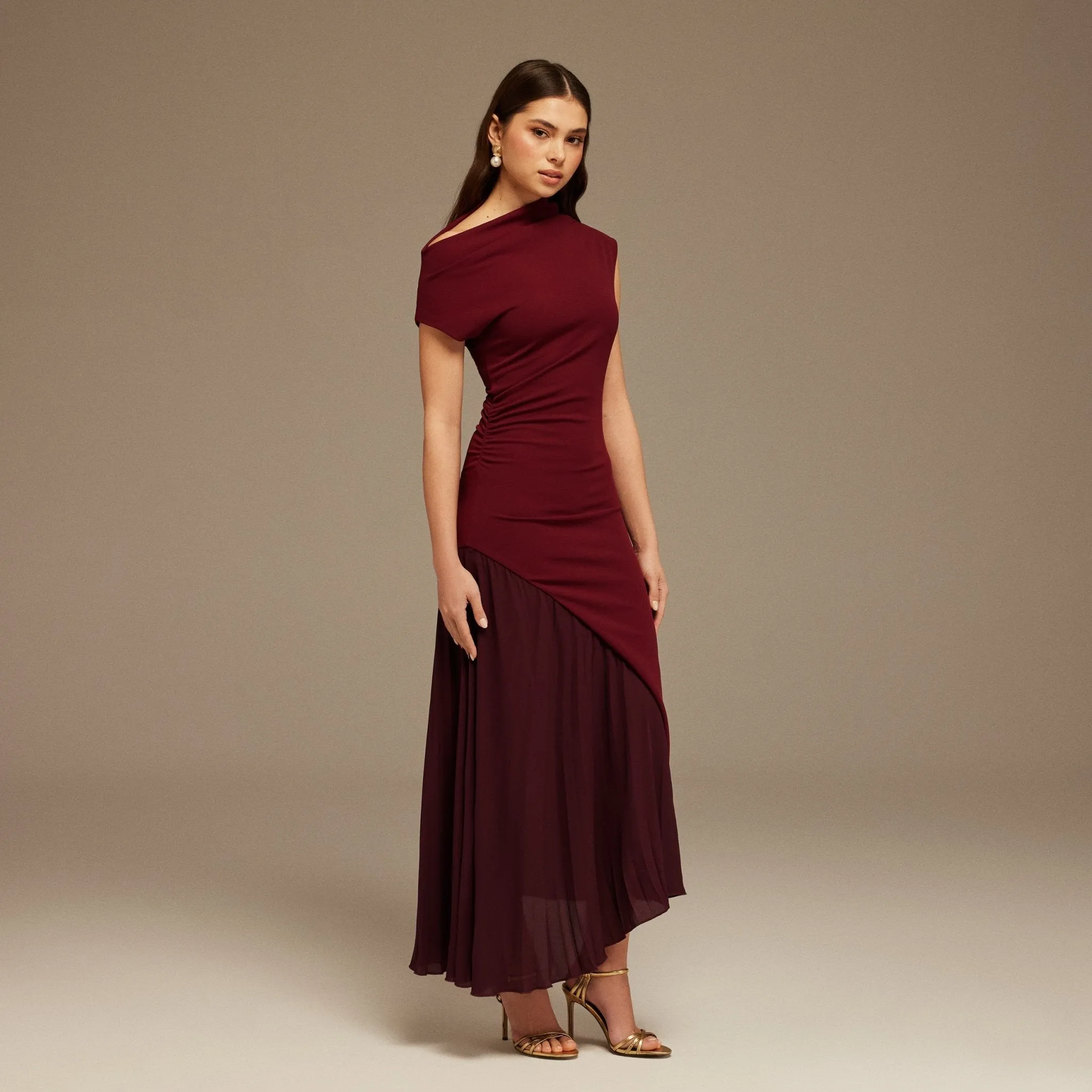 Burgundy Asymmetric Neckline Midi Dress with Pleats