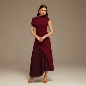 Burgundy Asymmetric Neckline Midi Dress with Pleats