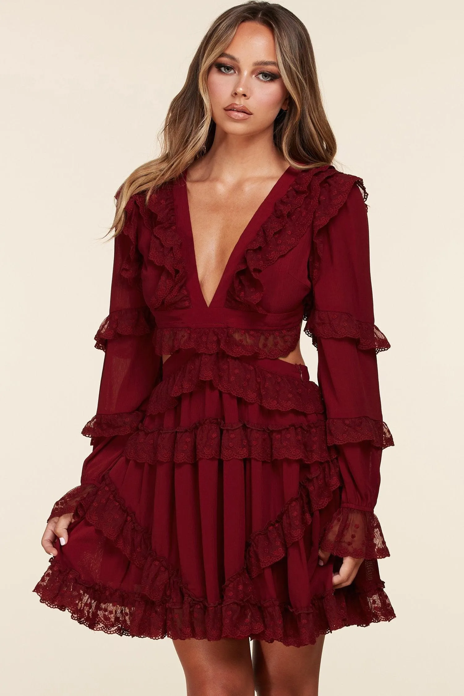 BURGUNDY SHOE LACE BACK MINI SWING DRESS
