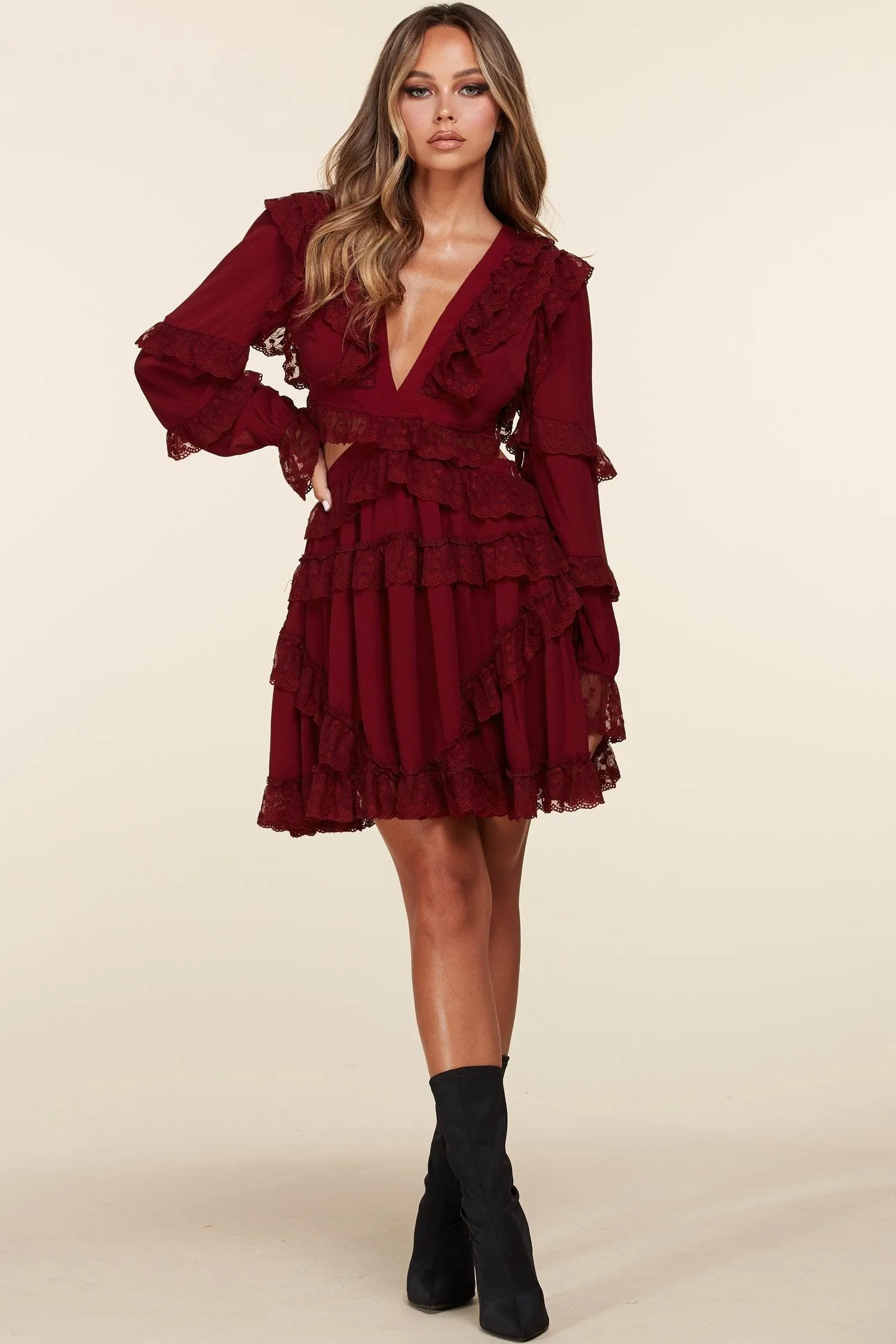 BURGUNDY SHOE LACE BACK MINI SWING DRESS