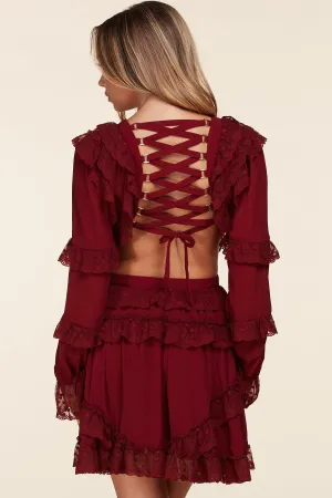 BURGUNDY SHOE LACE BACK MINI SWING DRESS