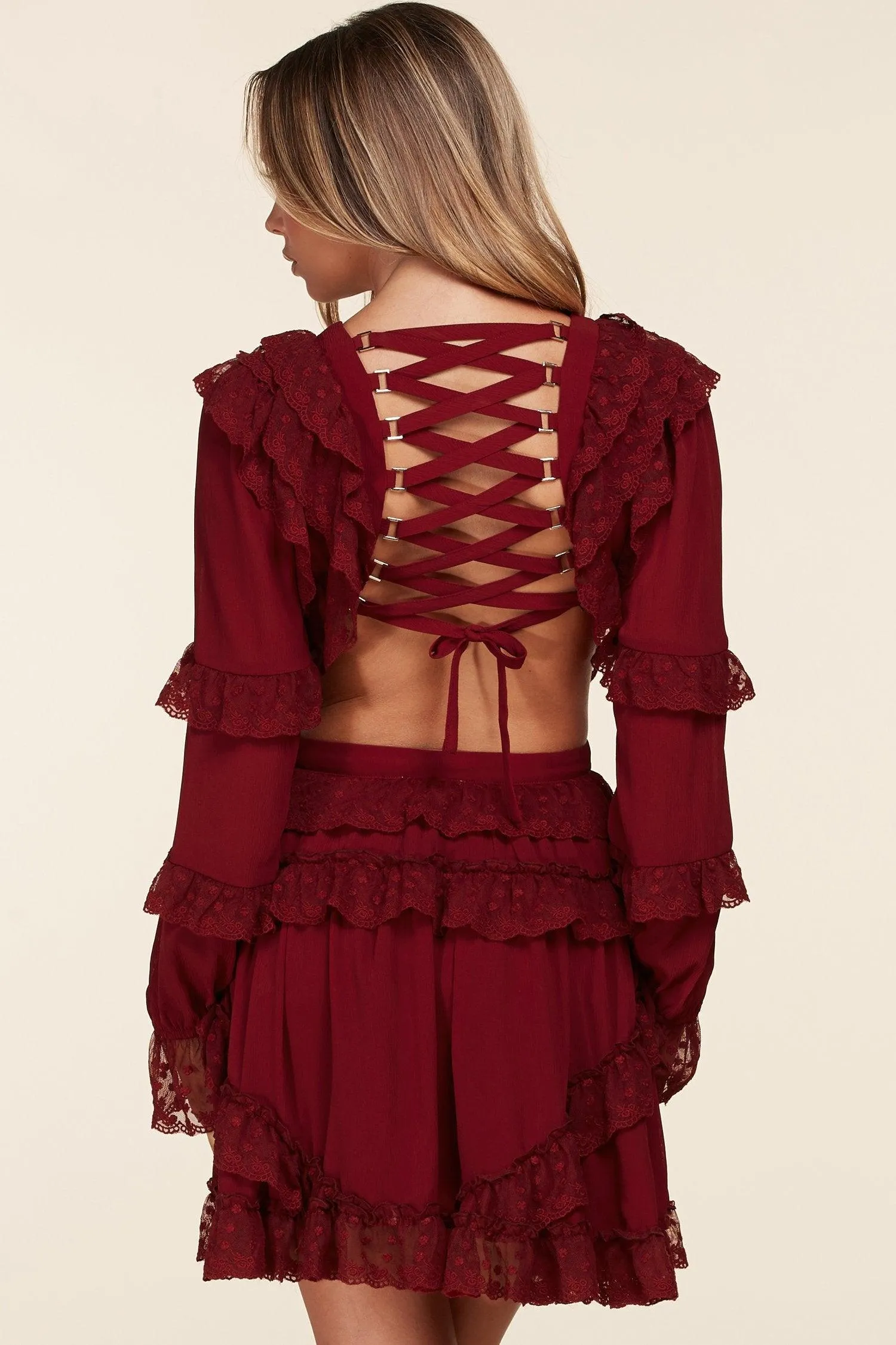 BURGUNDY SHOE LACE BACK MINI SWING DRESS