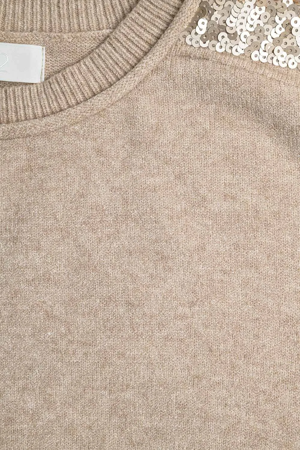 camel Long Sleeves Sweater With Sequins on The Shoulders