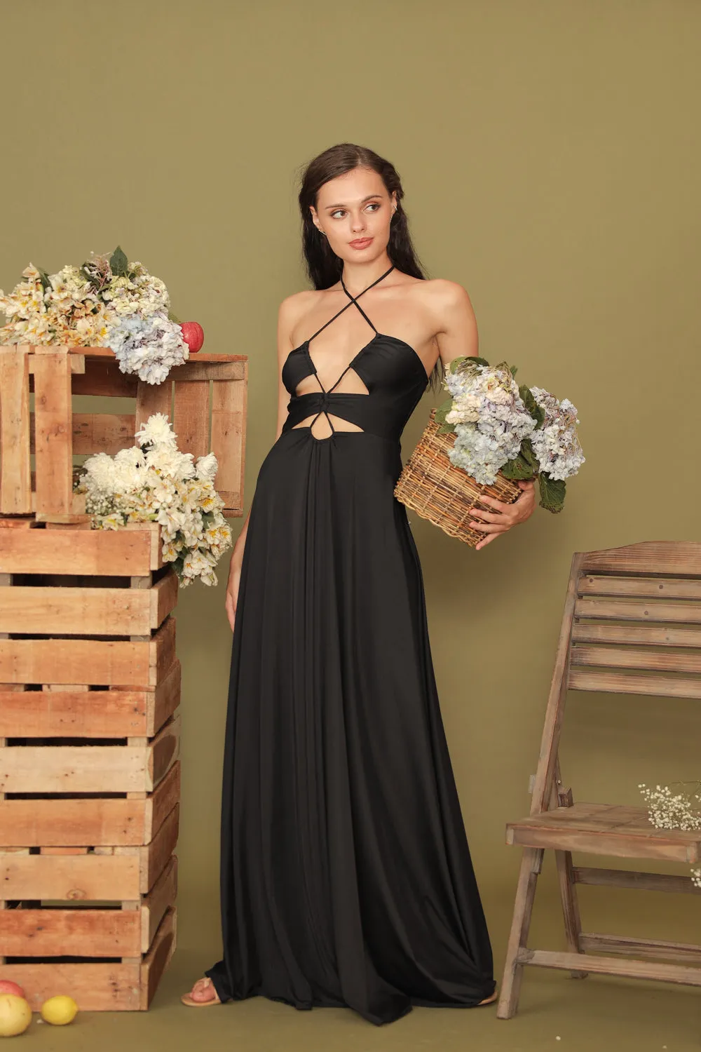 CAPUCINE Tie Front Multiway Halter Stretch Maxi Dress (Black)
