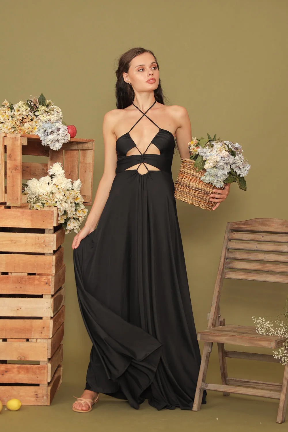 CAPUCINE Tie Front Multiway Halter Stretch Maxi Dress (Black)