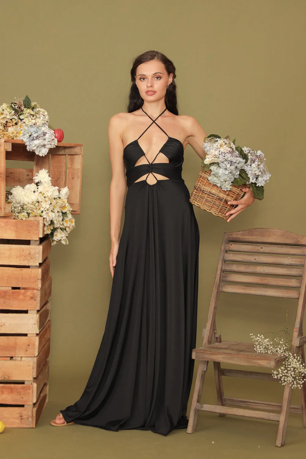 CAPUCINE Tie Front Multiway Halter Stretch Maxi Dress (Black)