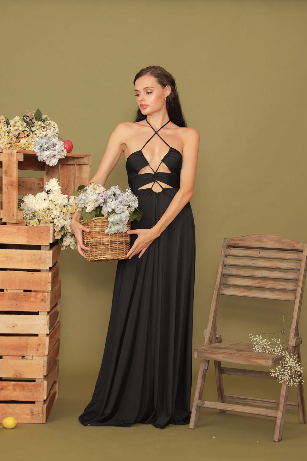 CAPUCINE Tie Front Multiway Halter Stretch Maxi Dress (Black)